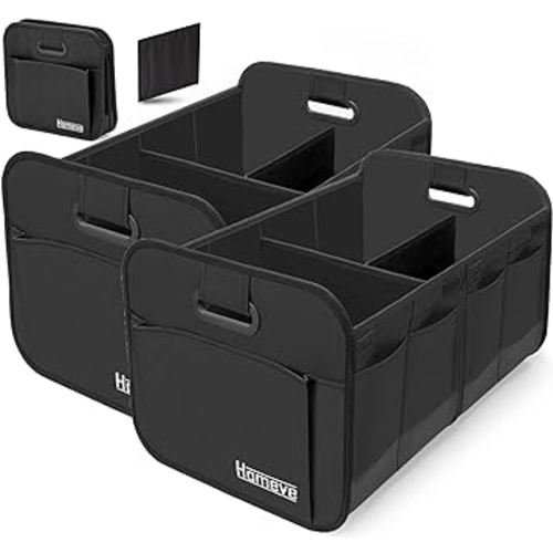 Homeve 2 Pack Trunk Organizer for Car, Reinforced Handles, Collapsible Multi-Compartment Car Organizers, Foldable and Waterproof, 600D Oxford Polyester, Suitable for Any Car, SUV, Mini-Van, Black