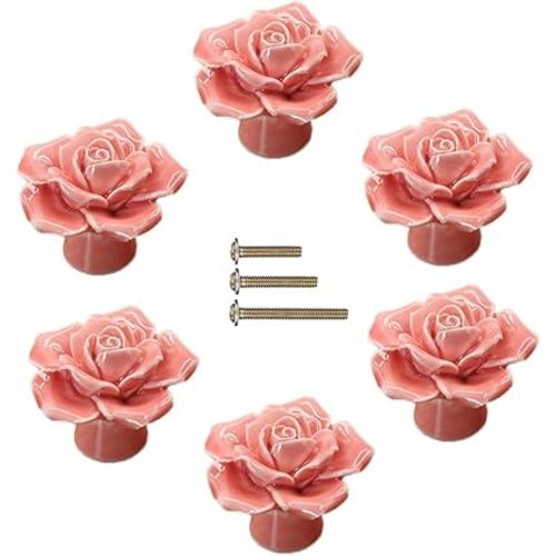 Ceramic Elegant Rose Flower Cabinet Knobs, 6Pcs Pink Vintage Kitchen Rose Flower Drawer Knobs Pull Handles for Girl's Room Dresser Cupboard Wardrobe with 3 Size Screws (6 Pack, Pink)