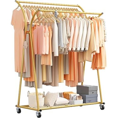 Raybee Clothing Rack Heavy Duty Clothes Racks for Hanging Clothes 270LBS Gold Clothing Rack with Wheels Portable Clothes Rack Double Rod Garment Racks for Hanging Clothes Hanger Rack 69''H*52''W*20''D