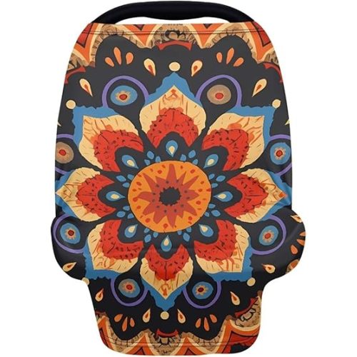 Boho Mandala Baby Car Seat Stroller Cover, Bohemia Mandala Flower Multi-Purpose Nursing Cover for Breastfeeding, Retro Lotus Floral Stretchy Carseat Canopy