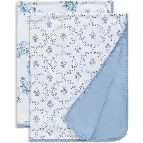 Delta Children 100% Organic Jersey Cotton Baby Receiving Blankets for Girls and Boys – 30x40 Inches - GOTS Certified (Pack of 2), Blue Botanicals