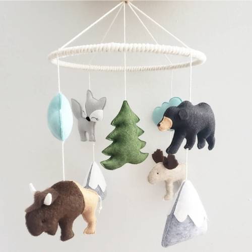 Baby Crib Mobile- National park animals, Crib Mobile - buffalo, moose,Bear,fox Mobile-Custom Made Mobile - Alaskan theme nursery black bear