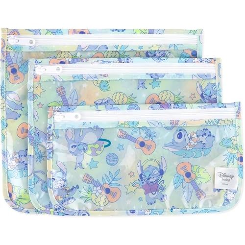 Bumkins Disney Travel Bag, Toiletry, TSA Approved Pouch, Zip Bag, Quart Size Airline Compliant, Clear-Sided, Baby, Diaper Bag Organization, Makeup, Accessories, Packing, Set of 3 Sizes, Aloha Stitch