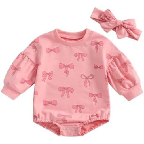 Douhoow Baby Girl Fall Outfit Bow Print Crew Neck Long Sleeve Sweatshirt Romper Tie-up Headband 2 Pcs Set