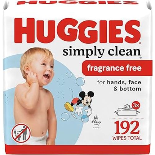 Huggies Simply Clean Unscented Baby Diaper Wipes, 3 Flip-Top Packs (192 Wipes Total), Packaging May Vary