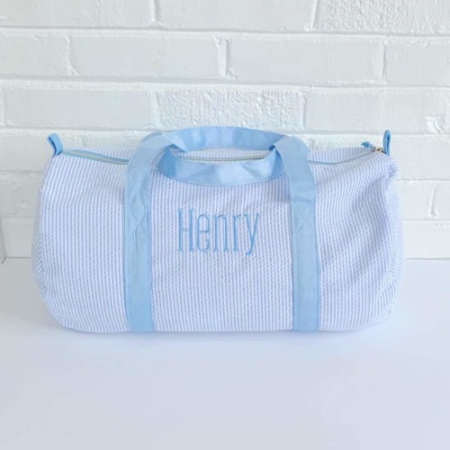 Monongrammed Personalized Seersucker Duffle Barrel Bag, Preppy Children's Travel Bag, Ballet, Sports, Sleepovers, Daycare, Weekend Overnight