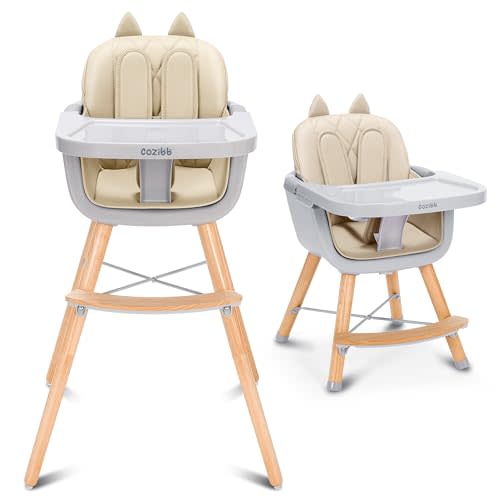 CoziBB 4-in-1 Baby High Chair, Convertible Easy-to-Clean Wooden Highchair for Infant, Kids& Children, 3 Position Tray, Leatherette Seat, Modern and Compact Design, Beige