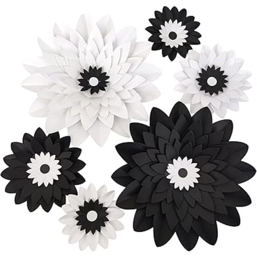 Mybbshower Black White Paper Flower for Wall (11''-7'' Assorted) DIY Floral Party Backdrop Nursery Room Baby Shower Girls Birthday New Year Party Photo Backdrop Pack of 6