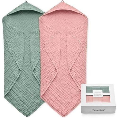 Hooded Baby Towels for Newborn, 35x35 Inch 2 Pack 100% Muslin Cotton Baby Bath Towel with Hood for Baby Toddler and Kids Baby Boy & Girl Towels, Dusty Pink+ Roman Green