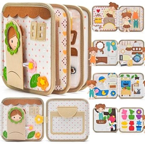 Montessori Busy Book for Toddlers 1-3, Felt Quiet Book & Busy Board for Preschool Learning, Fine Motor Skills, Sensory Play, Educational Travel Toy & Gift – Pretend Play for Girls, Brown