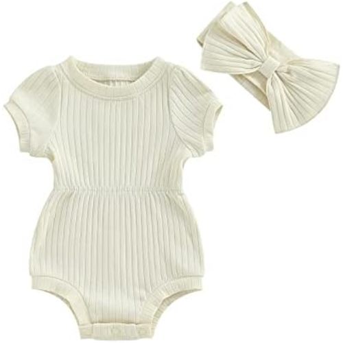 Karwuiio Newborn Baby Girl 2 Piece Outfits Short Sleeve Knit Jumpsuit Romper with Headband Summer Clothes