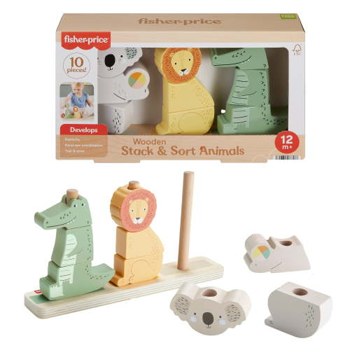 Fisher-Price Wooden Stack & Sort Animals Stacking Toy for Development Play, Baby & Toddler 1Y+, 10 Pcs