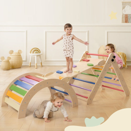 Comomy Pikler Triangle Set with Cushion, 8-in-1 Toddler Climbing Toys Indoor, Wooden Montessori Climbing Set with Arch Ramp,Ladder&Tent Cloth, Baby Indoor Climber Jungle Gyms for Toddlers Toy | Wayfair