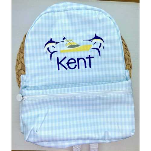 Marlin Monogram Backback | Boys Fishing Booksack | Custom Embroidered Toddler Prek | Baby Diaper Bag | Baby Blue Gingham |