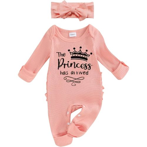 FIOMVA Im New Here Newborn Outfit Girl Long Sleeve Letter Romper Ribbed Knit Jumpsuit Baby Girl Preemie Coming Home Outfit