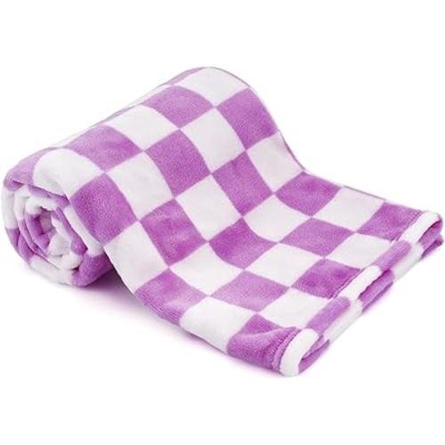 Plush Checkered Baby Blanket for Boys Girls Nursery, 30"*40" Warm Short Fleece Blanket Neutral for Infant Newborn, Small Fuzzy for Sleeping, Chenille or Stroller (Purple&White)