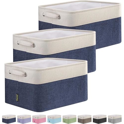 BALEINE 3 Pack Fabric Storage Bins for Shelves, Linen Storage Baskets for Organizing, Decorative Closet Bins for Clothes, Home (Navy Blue, 15"x11"x9.5")