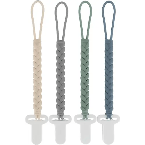 4-Pack Silicone Pacifier Clips with a Woven Rope Shape for Baby Boys and Girls - Flexible and Rust-Free Holders for Teething Relief and Baby Essentials, Safe for Newborns (Grey)