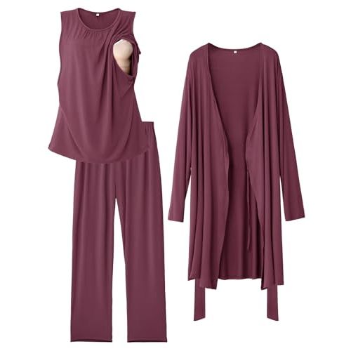 Rnxrbb 3 PCS Nursing Pajamas Robe Set Maternity Postpartum Pjs for Hospital | Women Breastfeeding Sleepwear Set with Top,Pants & Robe,Easy Nursing, Adjustable Waist,Perfect for Pregnancy to Postpartum