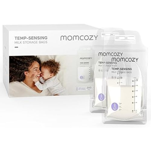Momcozy Breastmilk Storage Bags, 200PCS Value Pack, Temp-Sensing Discoloration Milk Storing Bags for Breastfeeding, Presterilized, Hygienically Doubled-Sealing, for Freezing, 6 Ounce