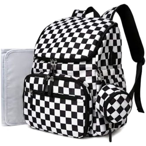 FHELAD Checkered Diaper Bag Backpack with Changing Pad & Stroller Clips