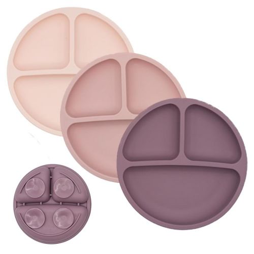 WeeSprout Suction Plates for Babies & Toddlers 100% Silicone Divided Design - No Lids, 3 Pack (Matte Dark Grey, Off White & Tan)
