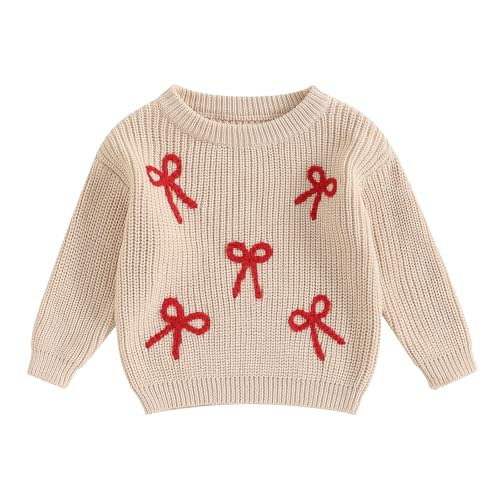Toddler Baby Girl Sweater Bow Embroidery Warm Knitted Long Sleeves Pullover Infant Sweatshirt for Fall Winter