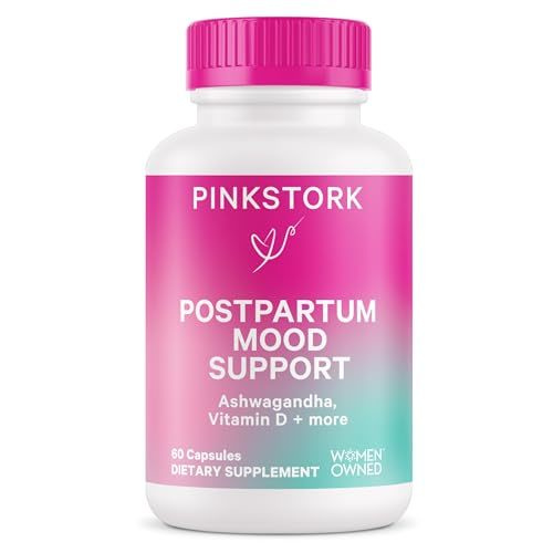 Pink Stork Postpartum Mood Support - Postnatal Hormone Balance for Women - Breastfeeding Friendly - Stress & Cognitive Support, New Mom Essentials - Ashwagandha, Chamomile, & Vitamin D, 60 Capsules