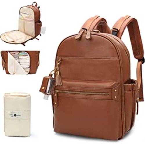 miss fong Leather Diaper Bag Backpack, Baby Diaper Bag for Mom Dad with 12 Diaper Bag Organizers, Changing Pad and 4 Insulated Pockets (Brown)