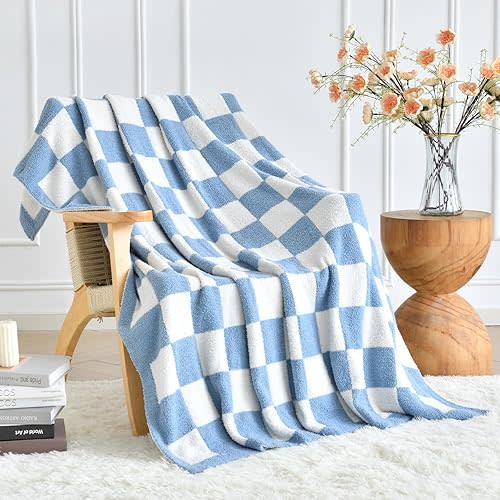 Xiashrk Checkered Throw Blanket for Couch, Checkerboard Blankets for Sofa Bed, Cozy Checkered Decorative Travel Blanket for Living Room Camping, Blue, 60"x80"