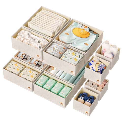 ZenStorage 12 Pack Drawer Organizer for Baby Clothes, Linen Fabric Nursery Drawer Organizer for Baby Diaper, Collapsible Deep Fabric Drawer Organizer with Zipper for Socks, Bra, Towels, Ties, Beige