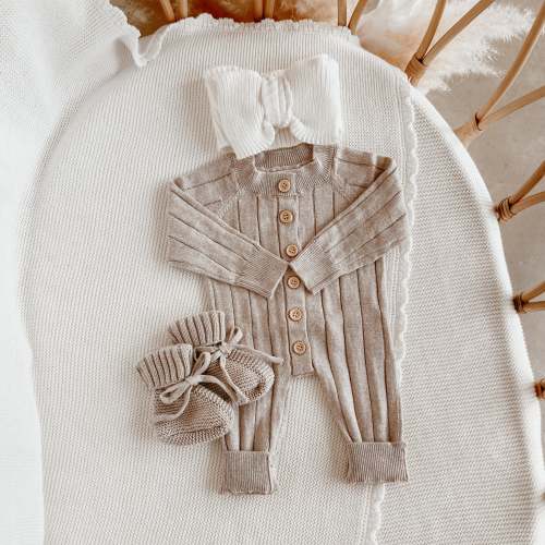 Ribbed Knit Romper & Topknot Bundle - Fawn