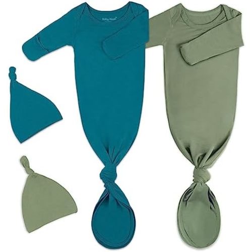 2Pk Newborn Baby Knotted Gown, Super Soft Silky Infant Long Sleeve Sleeper for Baby Sleeping with Hat or Headband (2 Packs)