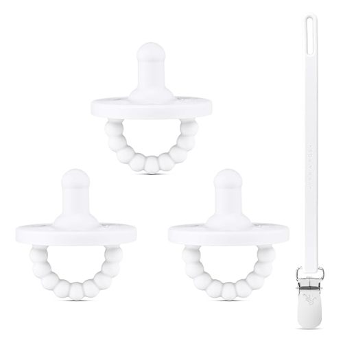 Ryan & Rose Cutie PAT Pacifier Teether 3 Pack and Flex Clip (Stage 1, White)