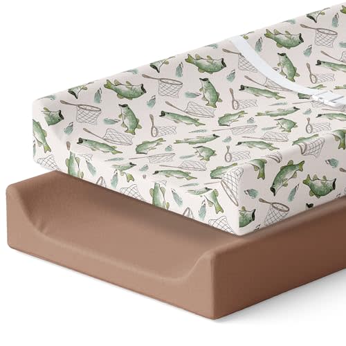Pobibaby – 2 Pack Premium Changing Pad Covers for Boys, Ultra-Soft Breathable Cotton Diaper Changing Table Covers – Neutral Nursery Changing Pad Sheets for Baby (Gone Fishing)