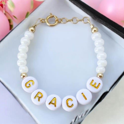 Personalized Pearl Name Bracelet for Baby Girl – 14K Gold Filled Birthday Gift, Custom Baby Shower Jewelry Gift, Toddler Bracelet