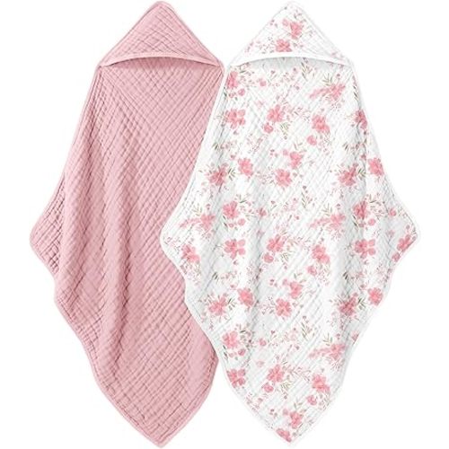 Looxii Baby Bath Towels 2 Pack Muslin Hooded Baby Towels for Newborn and Infants, 100% Cotton, Large 32x32Inch, Soft and Absorbent Pink+Flowers