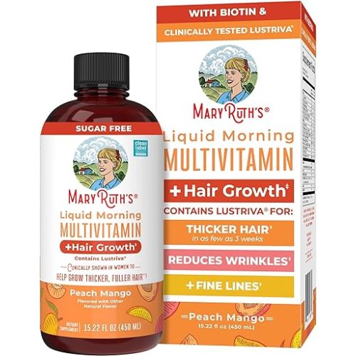 MARYRUTH'S Liquid Multivitamin + Hair Growth | Clinically Tested in Women for Thicker Hair & Facial Wrinkles | Biotin 10000mcg | Lustriva Hair Growth Supplements | Skin Care | Ages 18+ | 15.22 Fl Oz