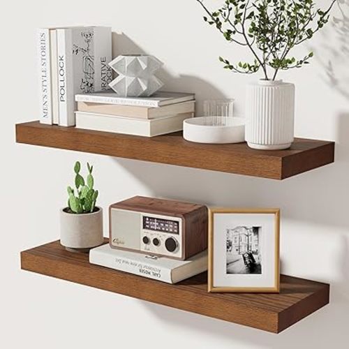 24 Inch Floating Shelves Set of 2, Rustic Solid Wood Wall Mounted Shelves for Decor & Storage, Dark Walnut Shelves for Bedroom Kitchen Living Room - Dark Walnut