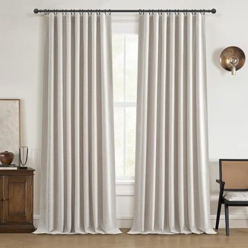 Black Out 96 Inch Long Boho Curtains 2 Panel Set, Farmhouse Curtains for Living Room Darkening/Thermal/Noise Reduction Textured Flax Linen Drape 8ft Hook&Ring Included Birch Off White 50"x96"