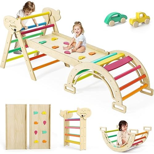 7 in 1 Pikler Triangle Set, Foldable Toddler Baby Climbing Toys, Solid Wooden Montessori Climbing Set, Baby Climber Indoor Playground Jungle Gym for Toddlers Montessori Toys