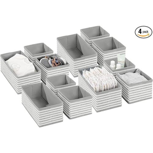 mDesign Fabric Drawer Divider Organizer Bins, Nursery/Bedroom Dresser, Closet, Shelf, Playroom Organization, Hold Clothes, Toys, Diapers, Bibs, Lido Collection, Set of 3, 4 Pack, Light Gray/White - Stone/White