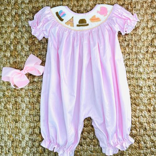 Smocked Thanksgiving Turkey Bubble in Pink, Long Bubble Romper, Baby Girl, Heirloom, 646 *B