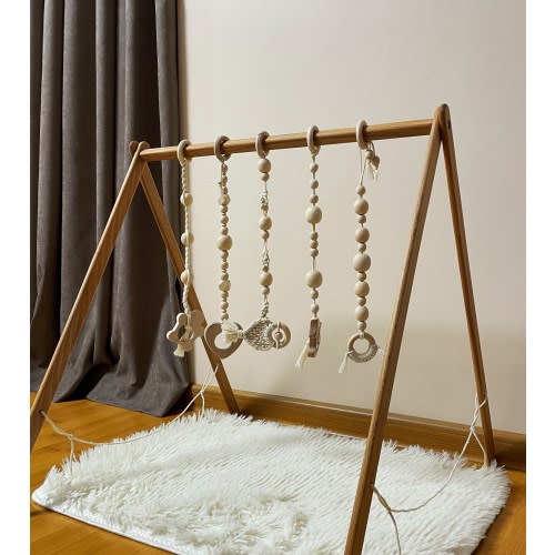 Natural eco wood baby play gym, floor baby mobile, educational Montessori animals toys 5 pcs, nursery newborn decor, 1st Birthday gift