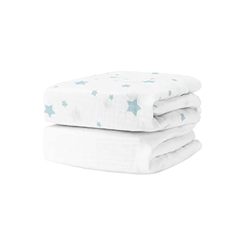Newton Baby Organic Fitted Crib Sheets (2-Pack) - Ultra Breathable and Soft, 100% Organic Muslin Cotton, Stardust in Moonstone Mist & Solid White, Fits Standard Cribs