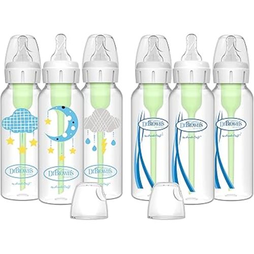 Dr. Brown’s Natural Flow® Anti-Colic Options+™ Narrow Baby Bottles 8 oz/250 mL, with Level 1 Slow Flow Nipple, 6 Pack, 0m+ Moon/Clouds Gift Set
