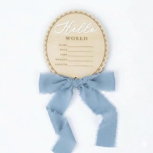 Hello World Newborn Sign - 6 Inch Baby Birth Announcement Sign with Bow, Milestone Sign for Baby Boy, Photo Prop at Hospital, Nursery Decor Keepsake, Welcome Newborn Arrival to World with Bow (Blue)