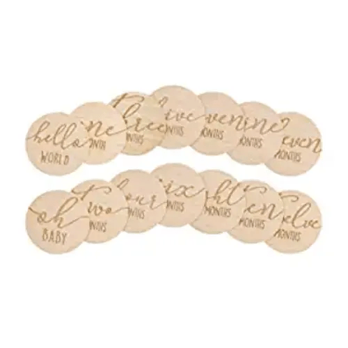 Pearhead Wooden Monthly Milestone Photo Cards, Baby Announcement Cards, Pregnancy Journey Milestone Markers, 7 Double Sided Engraved Photo Prop Milestone Discs, Light Wood - Baby Monthly Milestone Props