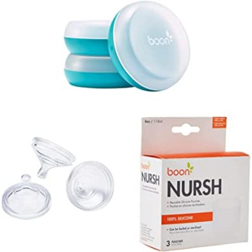 Boon NURSH Silicone Replacement Nipple + Pouch + Storage Buns - Air-Free Feeding System Reduces Gas and Colic
