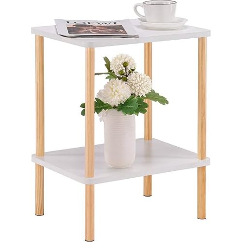 Apicizon 2 Tier End Table, Boho Side Table with Storage Shelf, Nightstand Bedside Table for Small Spaces, Bedroom, Living Room, Entryway, Farmhouse, Easy Assembly, White+Natural